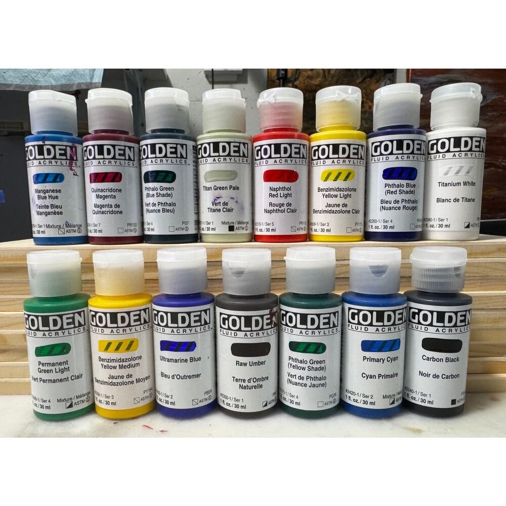 LOT OF 15 Golden Fluid Acrylics 1 fl. oz. / 30 ml Sealed No Duplicates New!!
